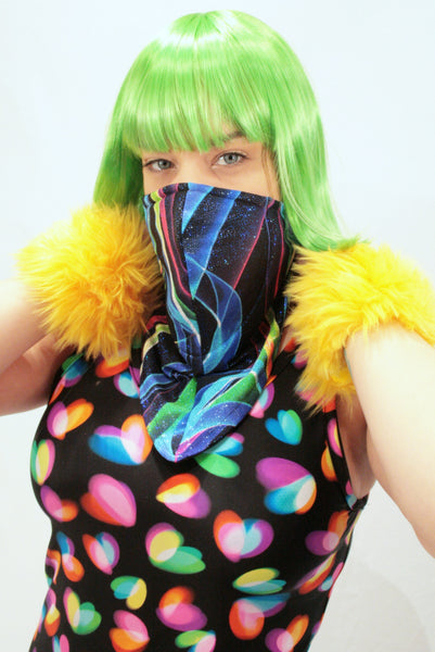 Our model is wearing the Dust Mask in Blue Swirl.