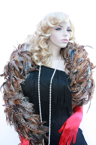 Our model is wearing the Rooster Feather Boa in the Natural Saddle Hackle.