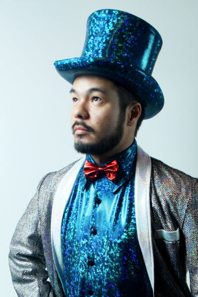 Our model is wearing the Bow Tie in Red Vinyl