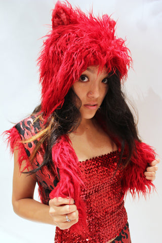 Our model is wearing the High-End Fur Kitty Hat in Red Shag.