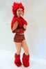 Our model is wearing the High-End Fur Bolero Vest in Red Shag with Flames lining.