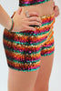 Our model is wearing the Long Sequins Hot Pant in Rainbow.