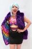 Our model is wearing the Fur Vest in Purple with Galaxy lining.