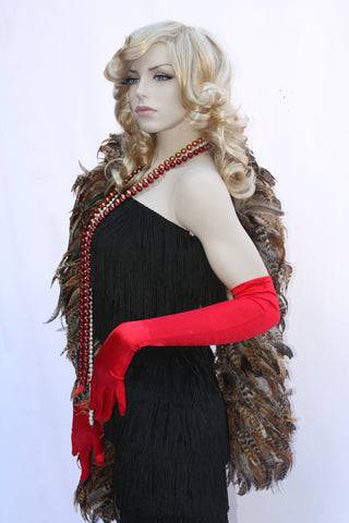 Our model is wearing the red satin opera gloves.