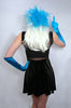Our model is wearing the Satin Elbow Gloves in Turquoise.